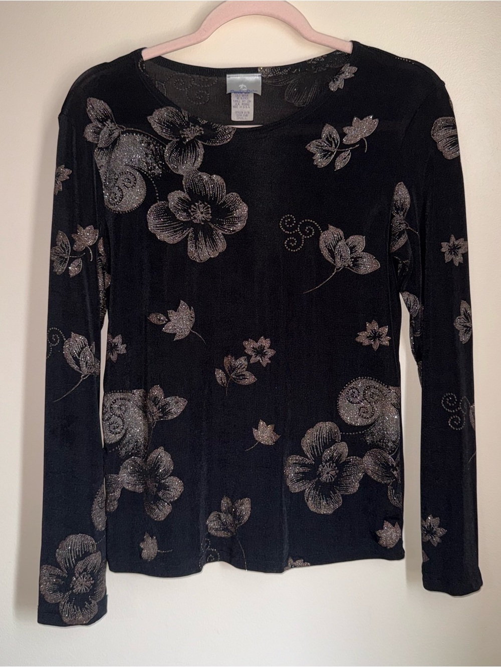 Y2K Pacific Palm Mesh & Glitter Flower Print Long Sleeve Top Size Small